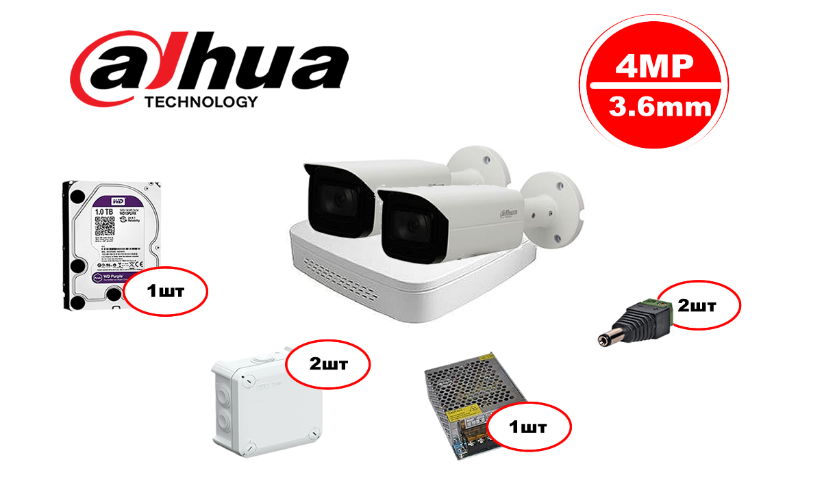 Комплект видеонаблюдения Dahua IP – 2out 4MP 80М